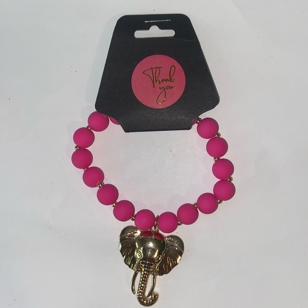 Boutique Fashion Hot Pink Beaded Stretch Bracelet With Elephant Charm New